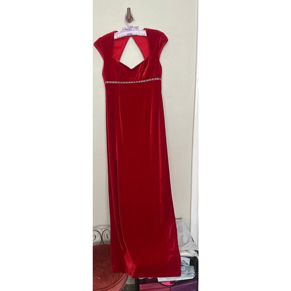 Vintage 90s Sz 4 Red Velvet Rhinestone Empire Waist Cap Sleeve Maxi Dress Gown - Picture 3 of 13